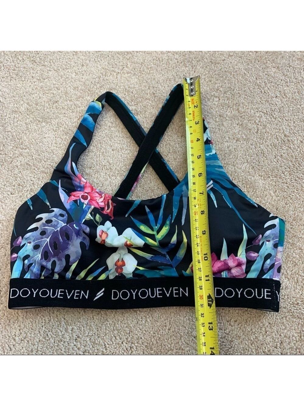 DOYOUEVEN black multicoloured floral tropical crisscross back sports bra Sz L - Picture 9 of 10